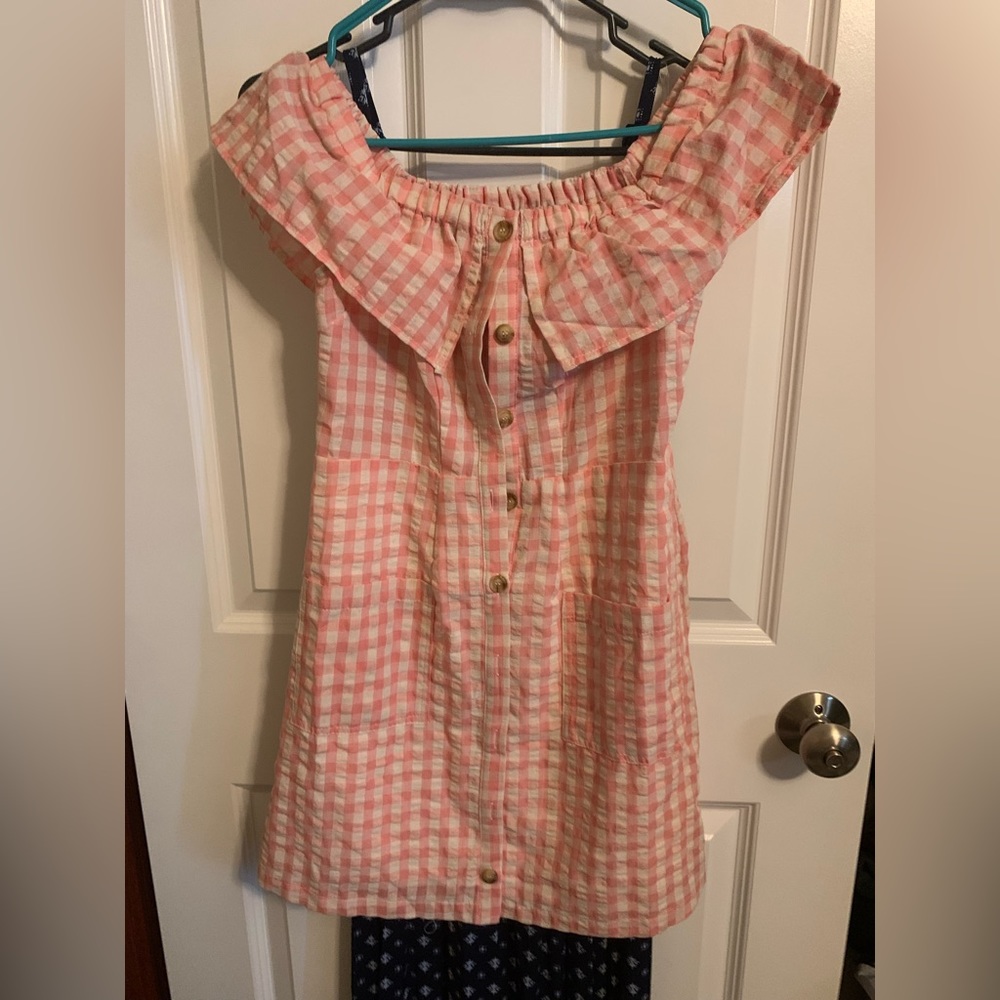 Small off shoulder picnic plaid pink dress